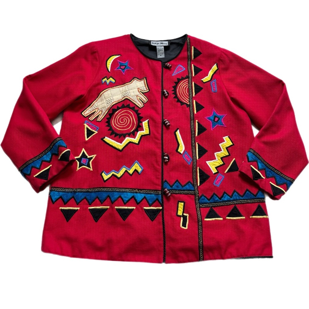 VTG 80s Red Wolf Sun & Moon Embroidered Southwestern Jacket M Festival